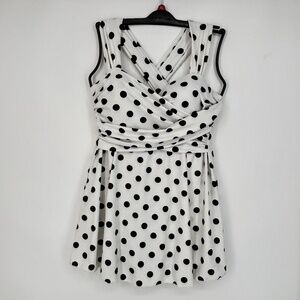 Cocopear Womens XL One Piece Swim Suit Dress White Black Polka Dots Wide Straps